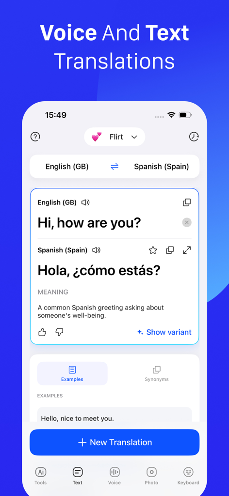 Live Translator app interface showing a translation from English to Spanish with detailed meaning and examples.