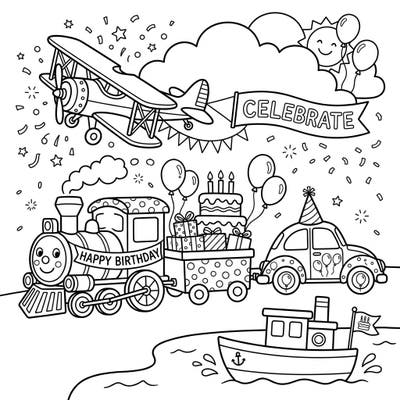 Get ready to celebrate with this exciting birthday vehicle parade coloring page! Kids will love bringing trains, planes, cars, and boats to life, all decorated for a special day.
