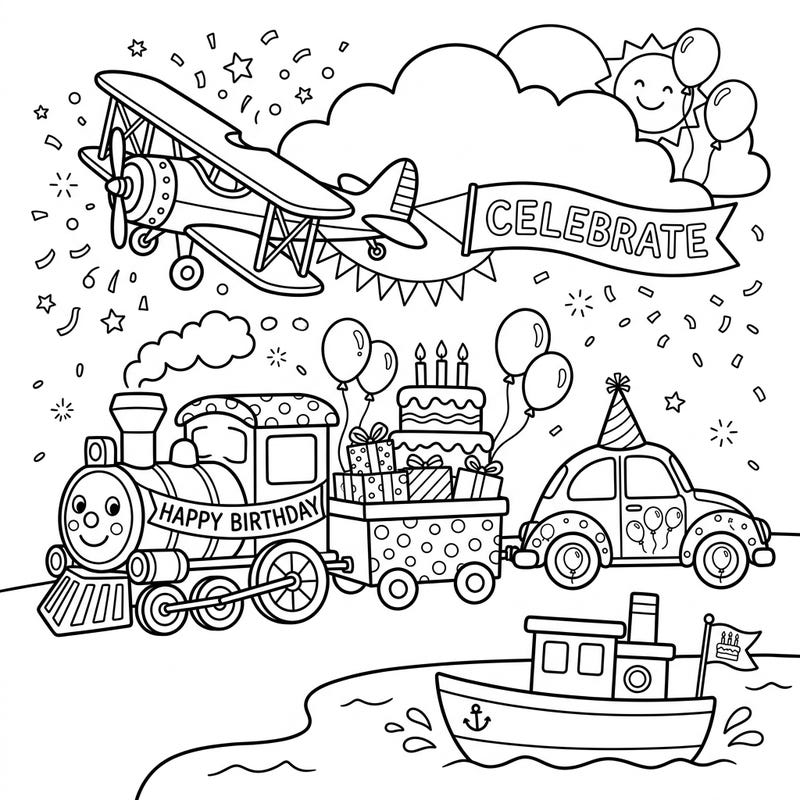 Get ready to celebrate with this exciting birthday vehicle parade coloring page! Kids will love bringing trains, planes, cars, and boats to life, all decorated for a special day.