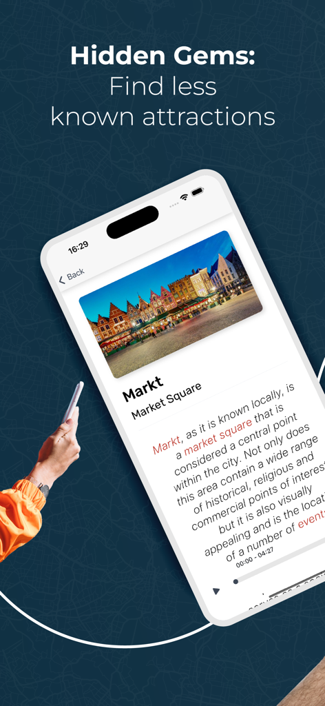 Interfaz de aplicación móvil para Descubre Brujas que muestra una guía detallada de la Plaza del Mercado (Markt)
