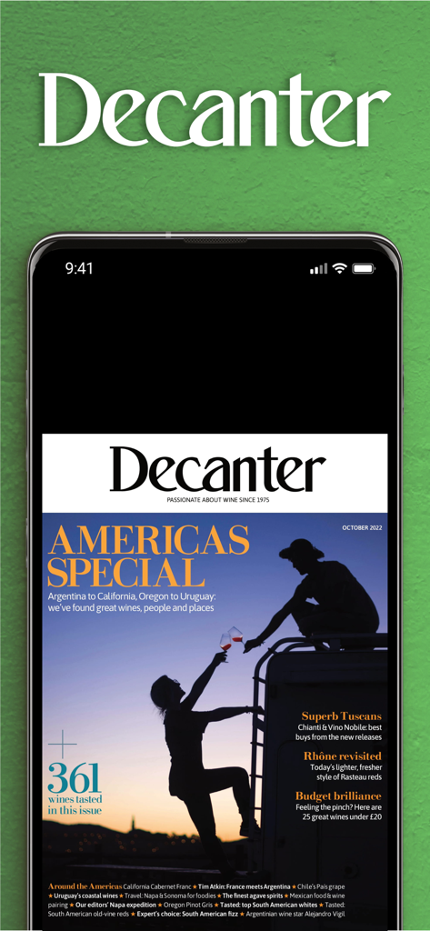 Smartphone displaying the digital cover of Decanter Magazine Americas Special issue