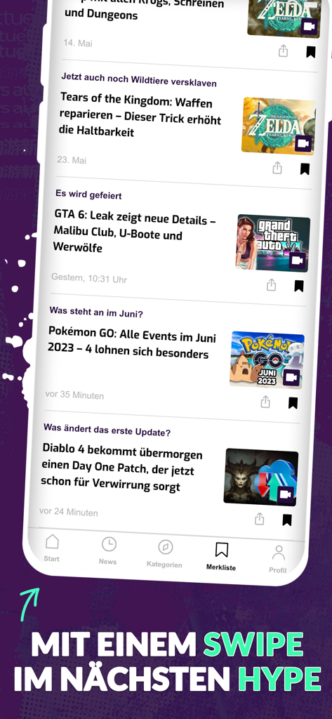 Mobile app screen showing a news feed with gaming articles and a promotional slogan about gaming trends