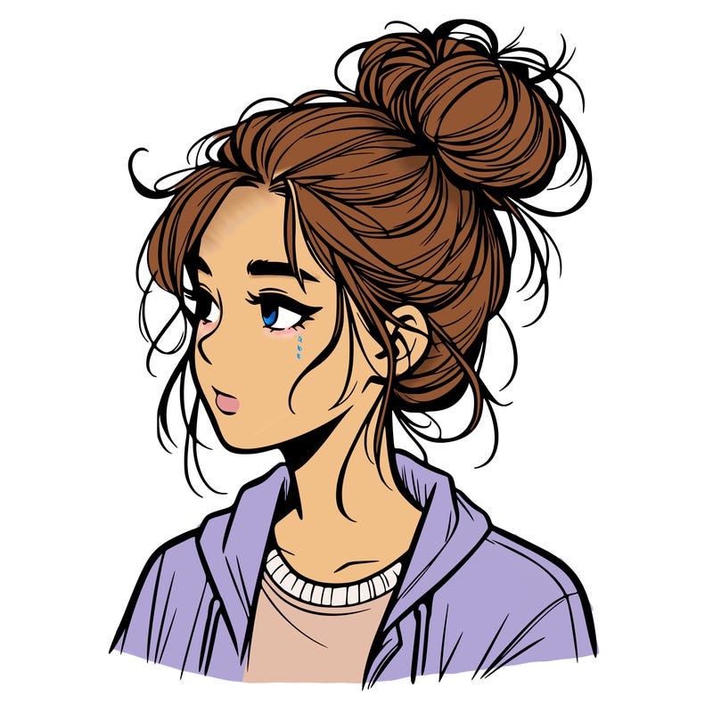 realistic teenage girl with a messy bun