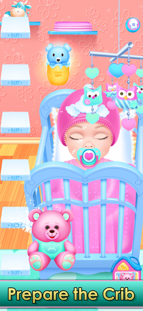 Baby & Family Simulator Games - 아기방의 파란색 아기 침대에서 분홍색 곰 인형과 함께 잠든 아기