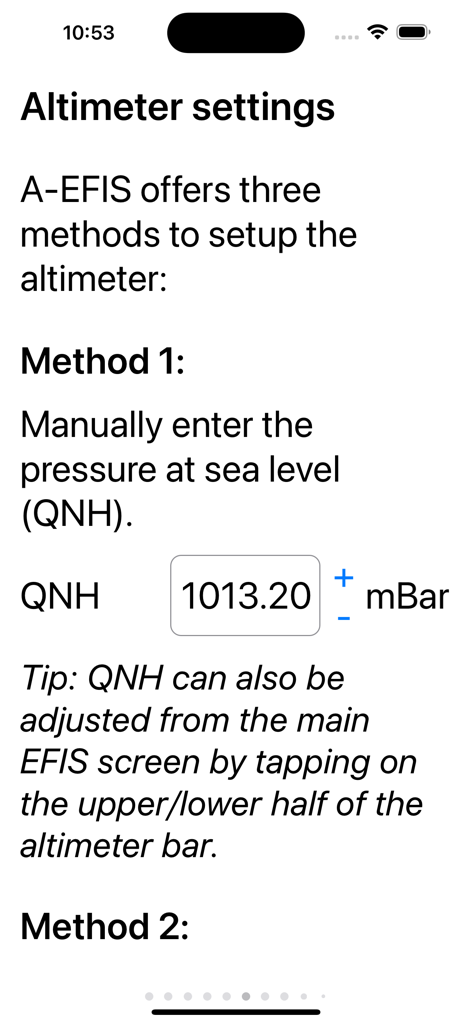 A-EFIS Black and White - Pantalla de configuración del altímetro A-EFIS que muestra el método de entrada manual de presión QNH