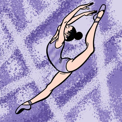 gymnast doing a leap in a leotard with a bent back leg