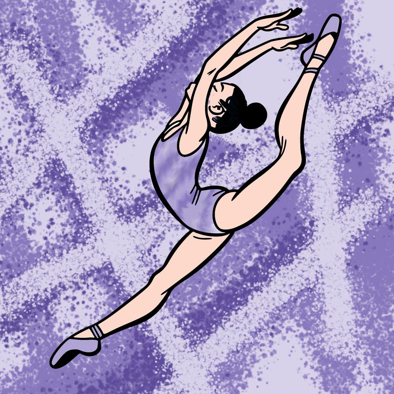 gymnast doing a leap in a leotard with a bent back leg