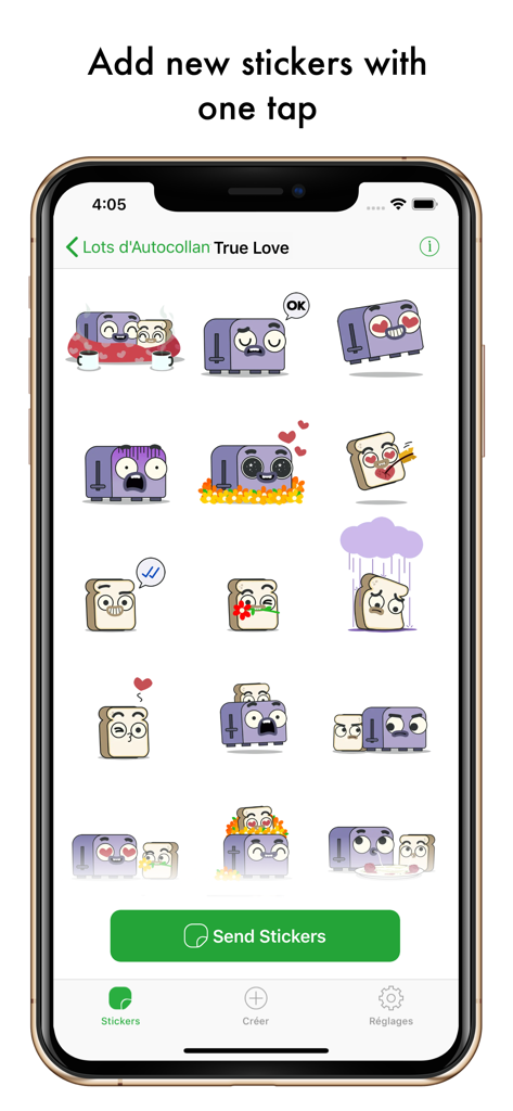 L'interface de l'application Top Sticker Maker présente une variété d'autocollants mignons de grille-pain et de toasts issus du pack True Love.