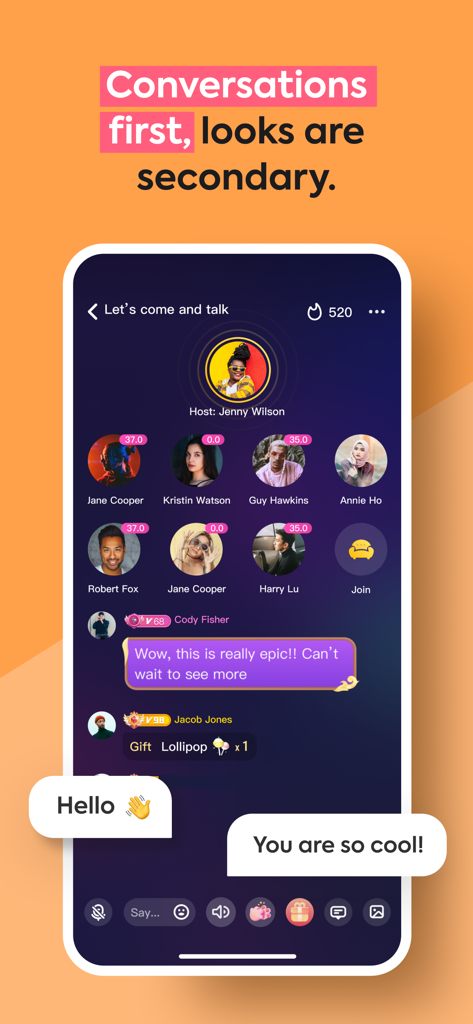 Voice chat room interface in the Partying app with user profiles and chat messages