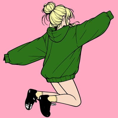 realistic girl jumping with a bun and oversized sweatshirt
