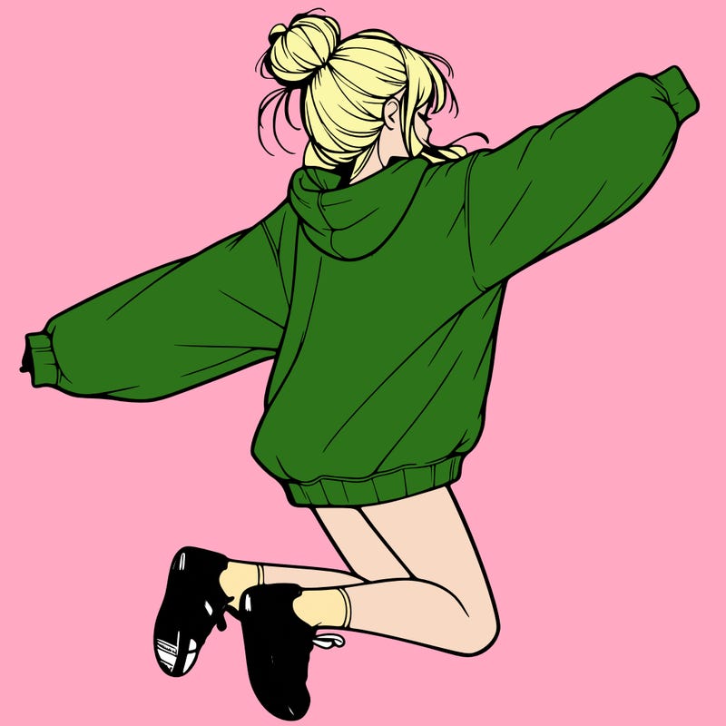 realistic girl jumping with a bun and oversized sweatshirt