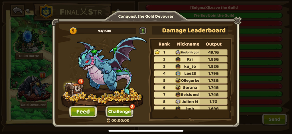 Rush Defense: idle TD - Damage leaderboard for the Gold Devourer boss challenge in Rush Defense idle TD showing player ranks and damage output.