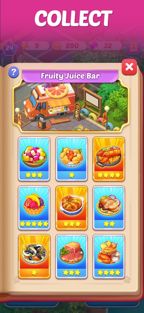 Merge Cooking® - A collection screen in Merge Cooking showing a grid of food cards with star ratings and a Fruity Juice Bar theme