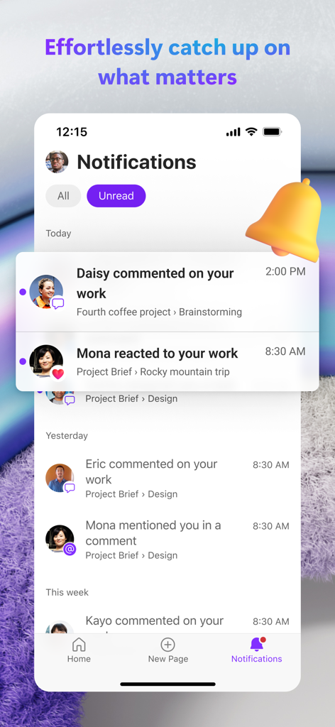 Microsoft Loop - プロジェクトに関するコメントやリアクションを含むチームアクティビティのリストを示す Microsoft Loop アプリの通知センター。
