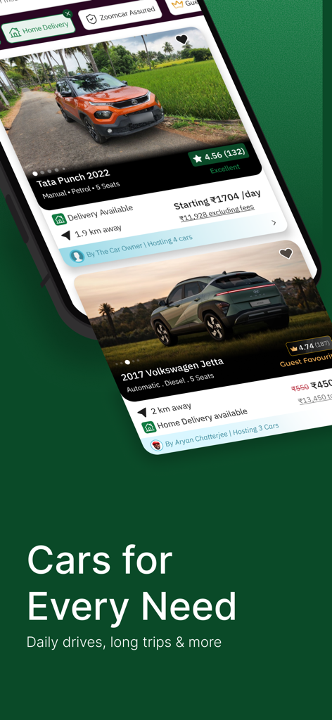 Interfaz de la aplicación móvil Zoomcar mostrando una variedad de coches de alquiler de auto conducción disponibles como Tata Punch y Volkswagen Jetta