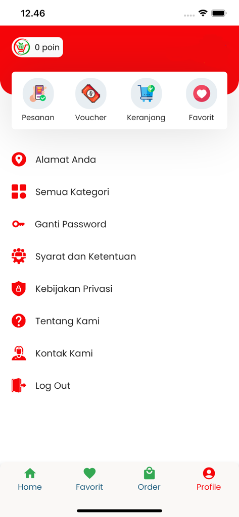 계정 설정 및 주문 관리 옵션을 특징으로 하는 Yoline 앱의 사용자 프로필 인터페이스