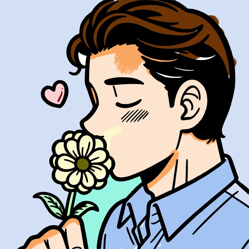 man kissing a flower