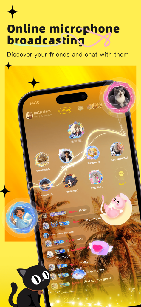 花猫Meow - 花猫Meowアプリのオンラインマイクブロードキャスティング画面。猫のアバターとソーシャルインタラクションを備えたグループチャットルームを示しています。