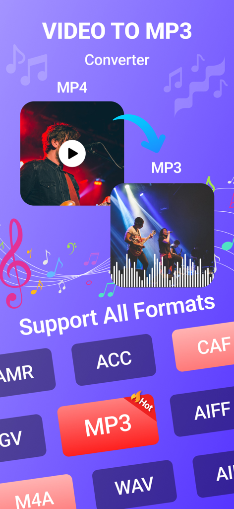 MP3 Converter: Audio Tools - MP3 Converter app interface displaying video to MP3 conversion and various supported audio formats