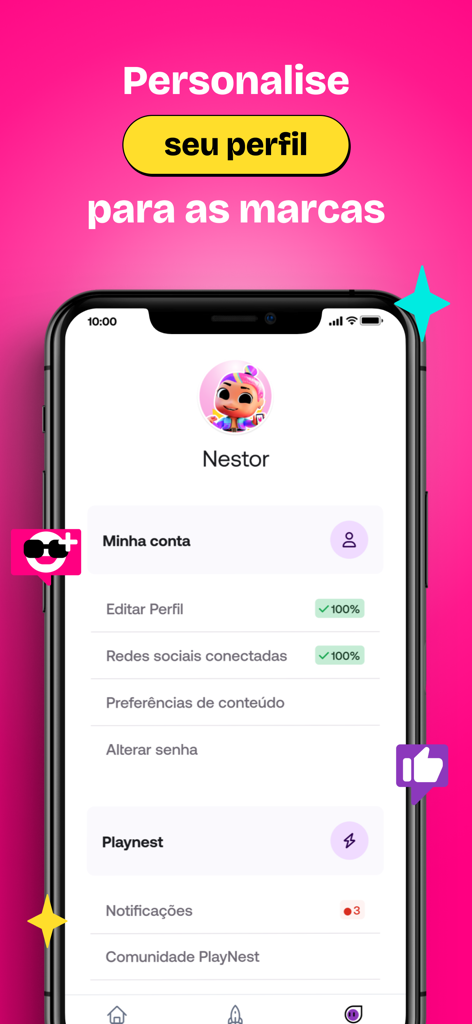 PlayNest - Interfaz de la aplicación PlayNest mostrando una pantalla de perfil de usuario con opciones para editar el perfil y conectar cuentas de redes sociales para atraer marcas.