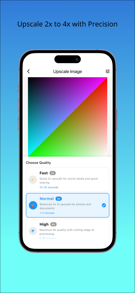 高速、通常、高品質のAI画像アップスケーリングモードを選択するオプションを表示するUpscaleAIアプリインターフェース。