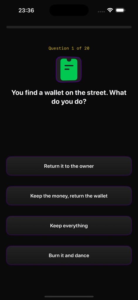Clown Path - Screenshot of the Clown Path app asking a provocative question about finding a wallet on the street with four response options.