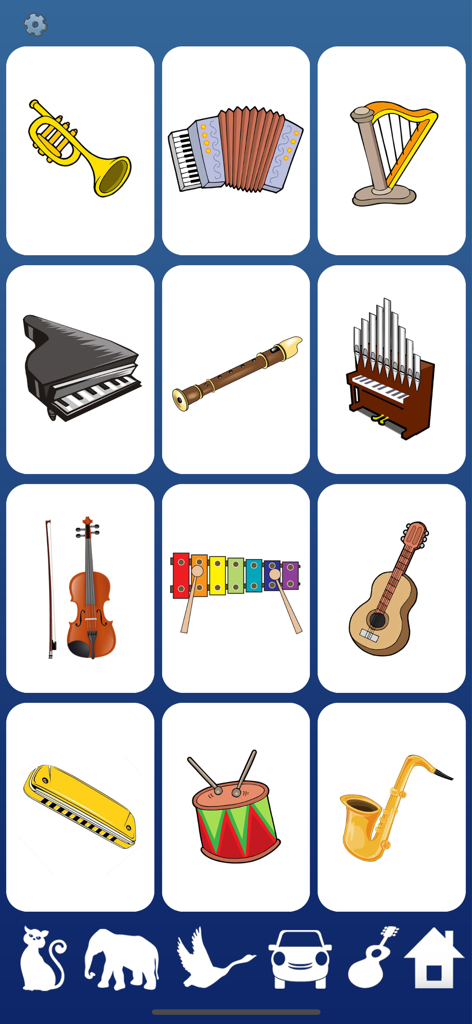 Sound Touch Lite: Flash Cards - Una cuadrícula de tarjetas de instrumentos musicales en la aplicación Sound Touch Lite que incluye una trompeta, un piano y un violín.