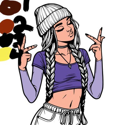 realistic teenage girl with braids and a beanie and crop top doing 🫶🏼