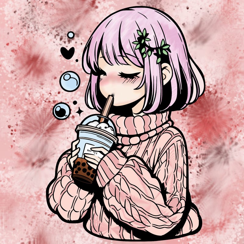 manga girl drinking boba in cozy sweater