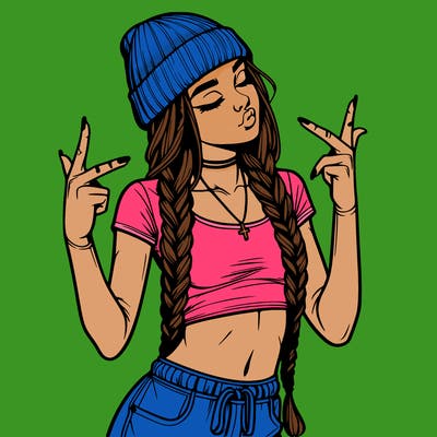 realistic teenage girl with braids and a beanie and crop top doing 🫶🏼