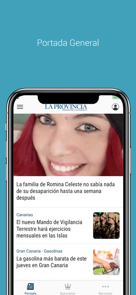 Interfaccia dell'app di notizie La Provincia che mostra la homepage generale e i titoli da Las Palmas
