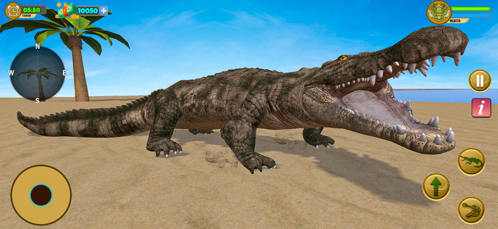 Crocodile Attack Wild Sim Game - Un gran cocodrilo 3D con la boca abierta en una playa arenosa durante el juego de un simulador de animales.