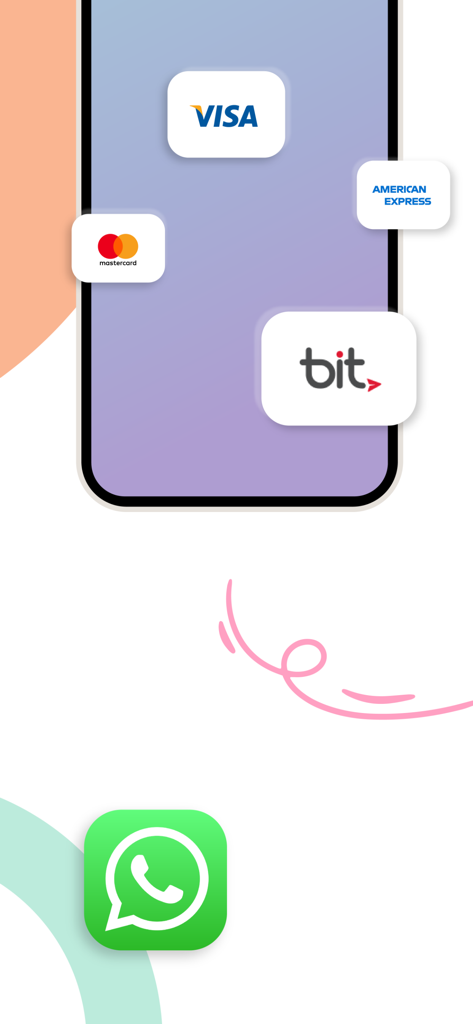 Eine Smartphone-Oberfläche, die akzeptierte Zahlungsmethoden wie Visa, Mastercard und Bit sowie ein WhatsApp-Kontakt-Symbol zeigt