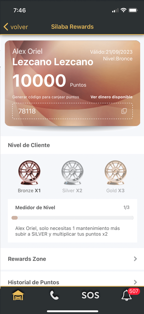 Grupo Silaba - The Silaba Rewards screen within the Grupo Silaba app displaying user points and membership tier levels.