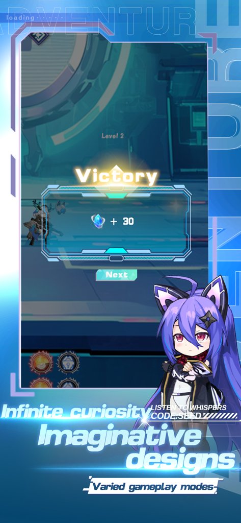 Ein Sieg-Bildschirm aus Star Summoning-Place Adventure, der eine Belohnung der Stufe 2 und eine Anime-Figur mit lila Haaren zeigt.