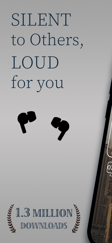 Werbebildschirm für die Kopfhörer-Wecker-App mit dem Slogan Silent to Others LOUD for you und einem Abzeichen für 1,3 Millionen Downloads
