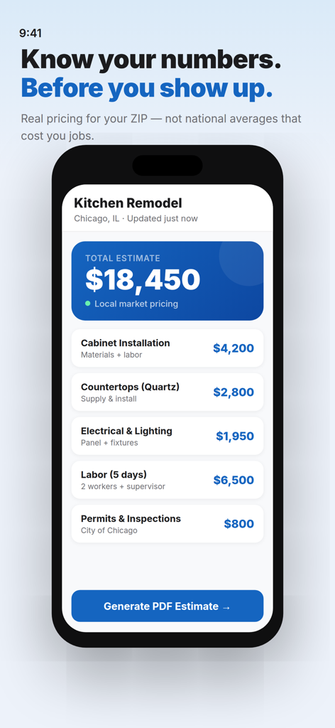 Cost Estimator - Construction+ - A construction cost estimator app interface showing an 18450 dollar kitchen remodel quote with local market pricing.