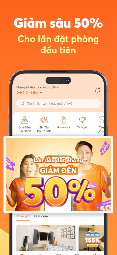 Go2Joy - Đặt phòng theo giờ - Interface de l'application mobile Go2Joy affichant une remise de cinquante pour cent pour les premières réservations d'hôtel