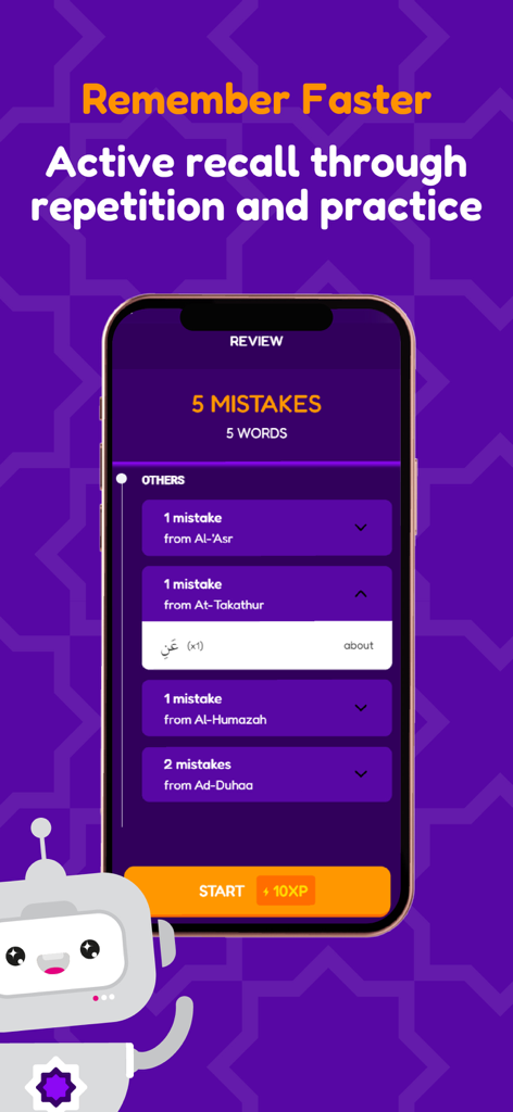 Think Quran - Think Quran app interface showing active recall review screen with vocabulary mistakes