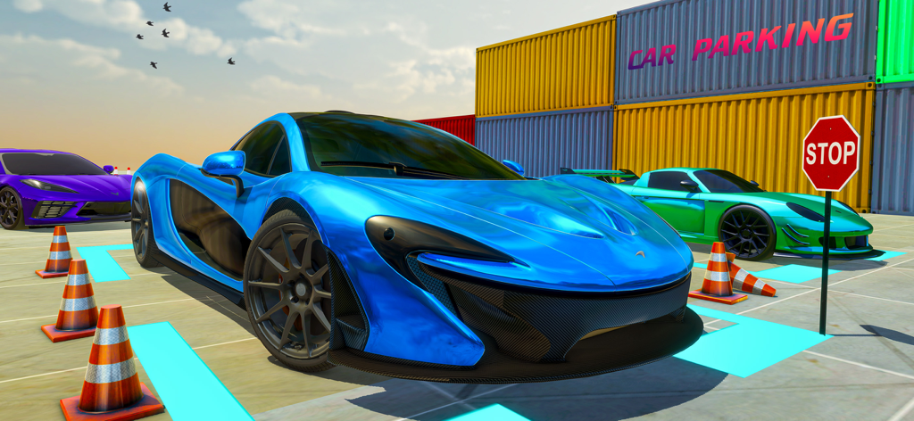 Luxury City Car Parking - Un coche deportivo de lujo azul aparcado en un entorno 3D designado con conos de tráfico y contenedores de envío coloridos.