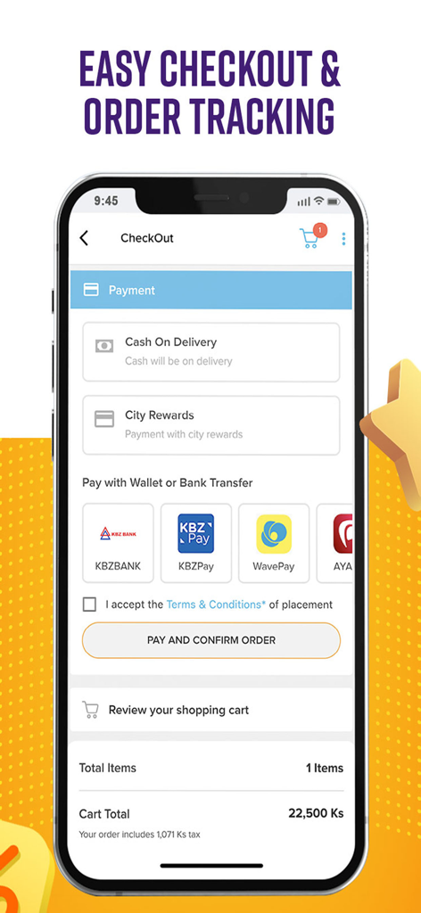 City Mall Online - Der Checkout-Bildschirm der City Mall Online App zeigt Zahlungsoptionen wie Mobile Banking und Nachnahme an