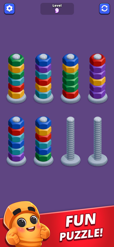 A mobile puzzle game screen showing colorful nuts being sorted onto bolts for Level 9