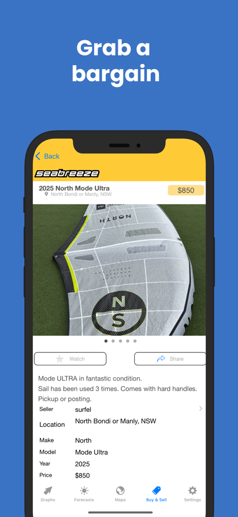 Seabreeze mobile app interface displaying a classified advertisement for a watersports sail with price and product details