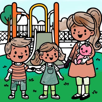 mummy at the playground withtwo kids and baby girl