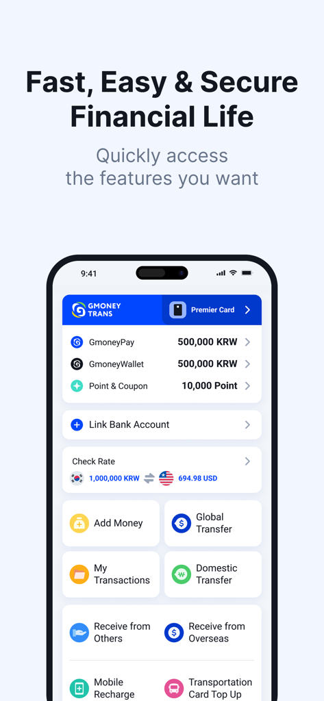 GmoneyTrans app home screen showing account balances and global transfer options