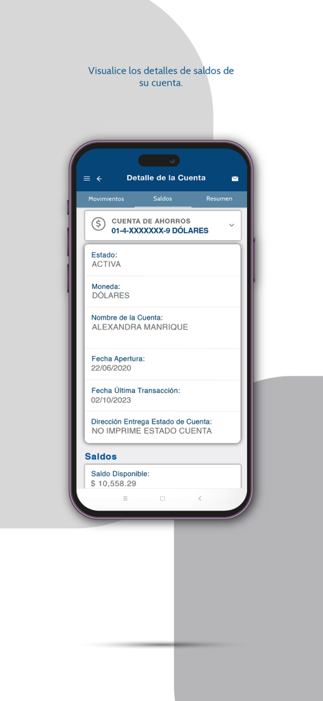 BBP Bank - Pantalla de detalles de cuenta de la aplicación móvil BBP Bank que muestra los detalles de la cuenta de ahorros y el saldo disponible en dólares estadounidenses.