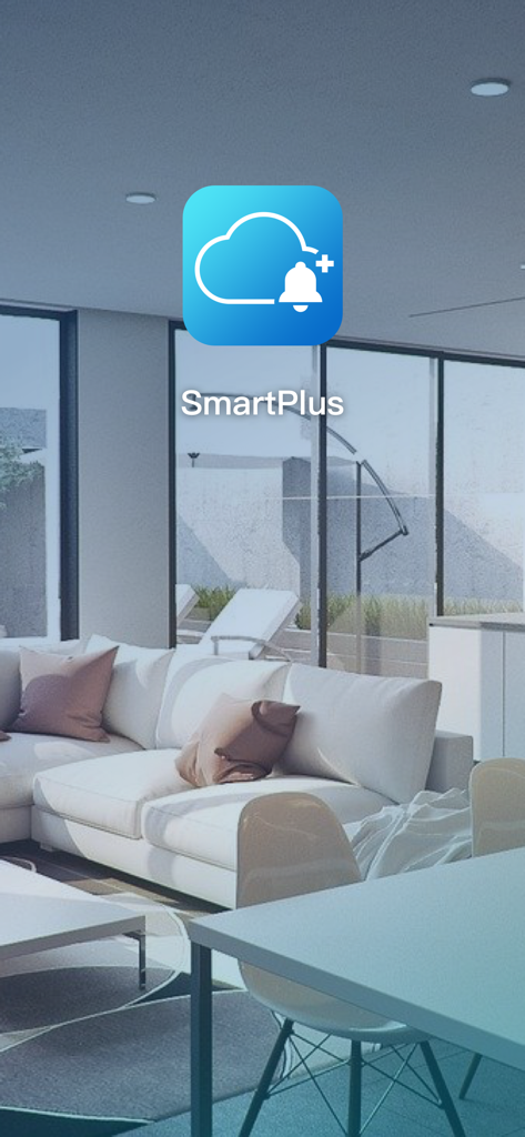 Akuvox SmartPlus - Akuvox SmartPlus app logo and name displayed over a modern luxury apartment living room background.