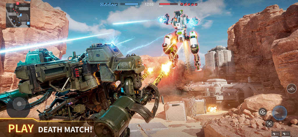 Armor Attack: Robot & Mecha - A heavy tank mecha fires a gatling gun at a jumping robot in a desert canyon death match.