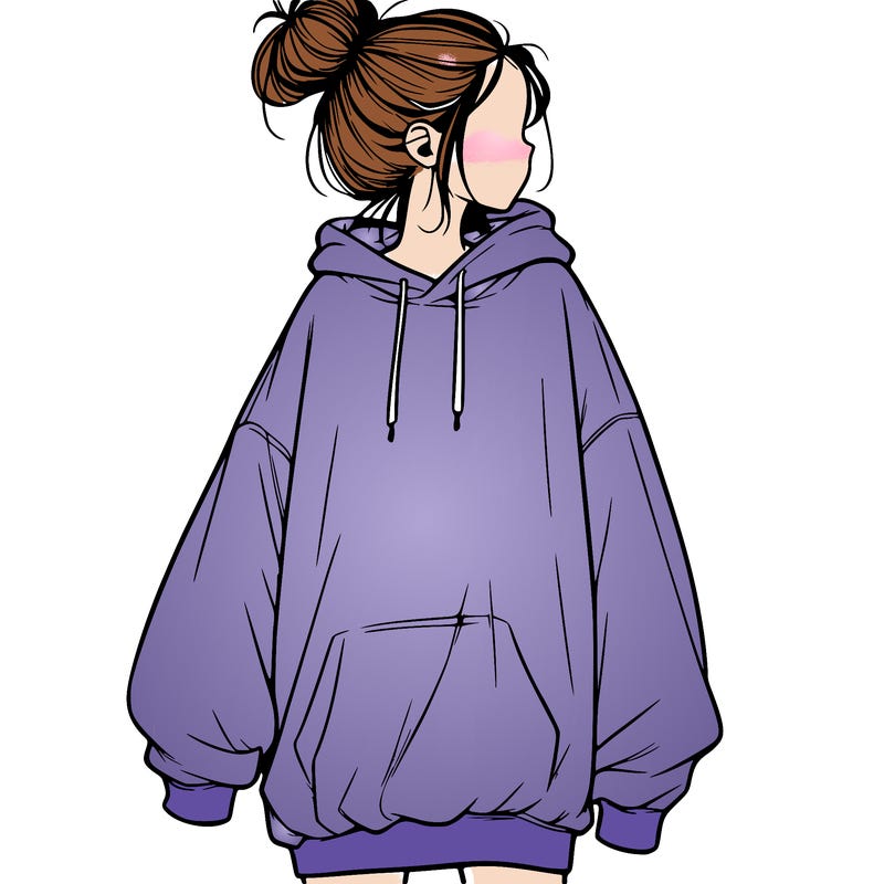 realistic girl with a oversized sweatshirt on and a bun