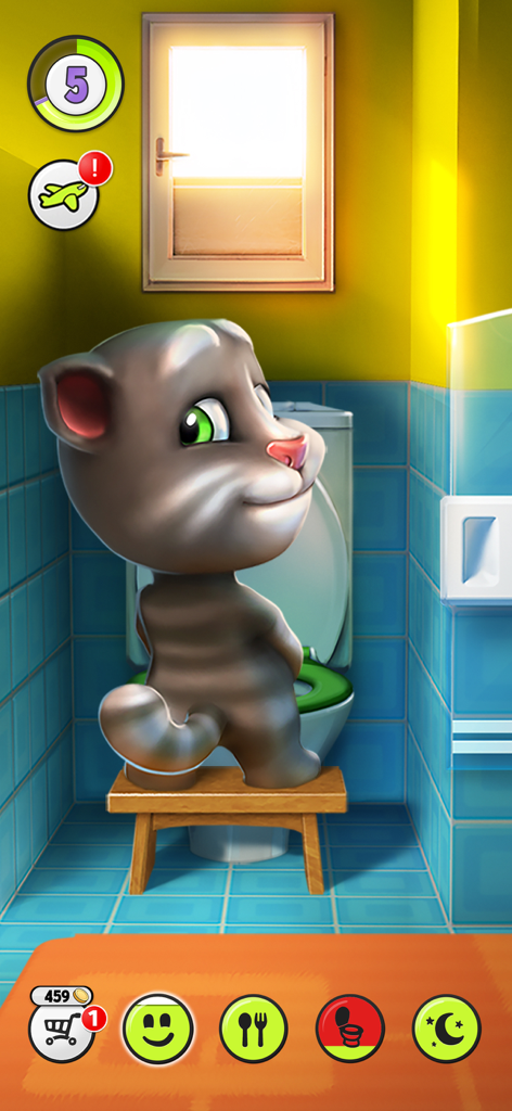 Talking Tom usando o banheiro em um banheiro com azulejos azuis